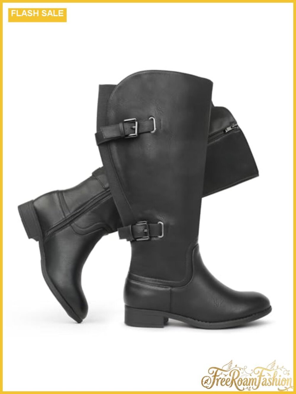 Extra Wide Calf Knee High Boots Double Buckle Back Stretch Synthetic